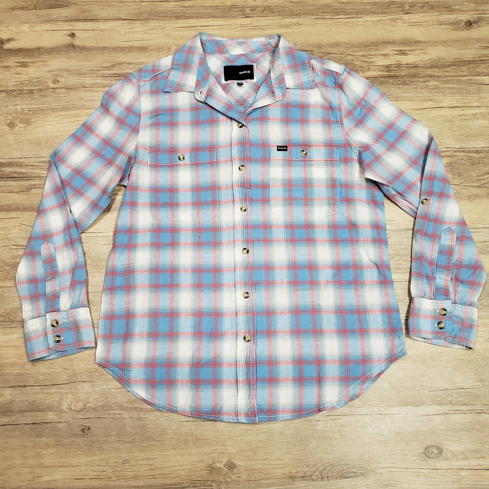 Hurley Shirt Womens Large Blue Plaid Long Sleeve Button Up Cotton Slim Casual